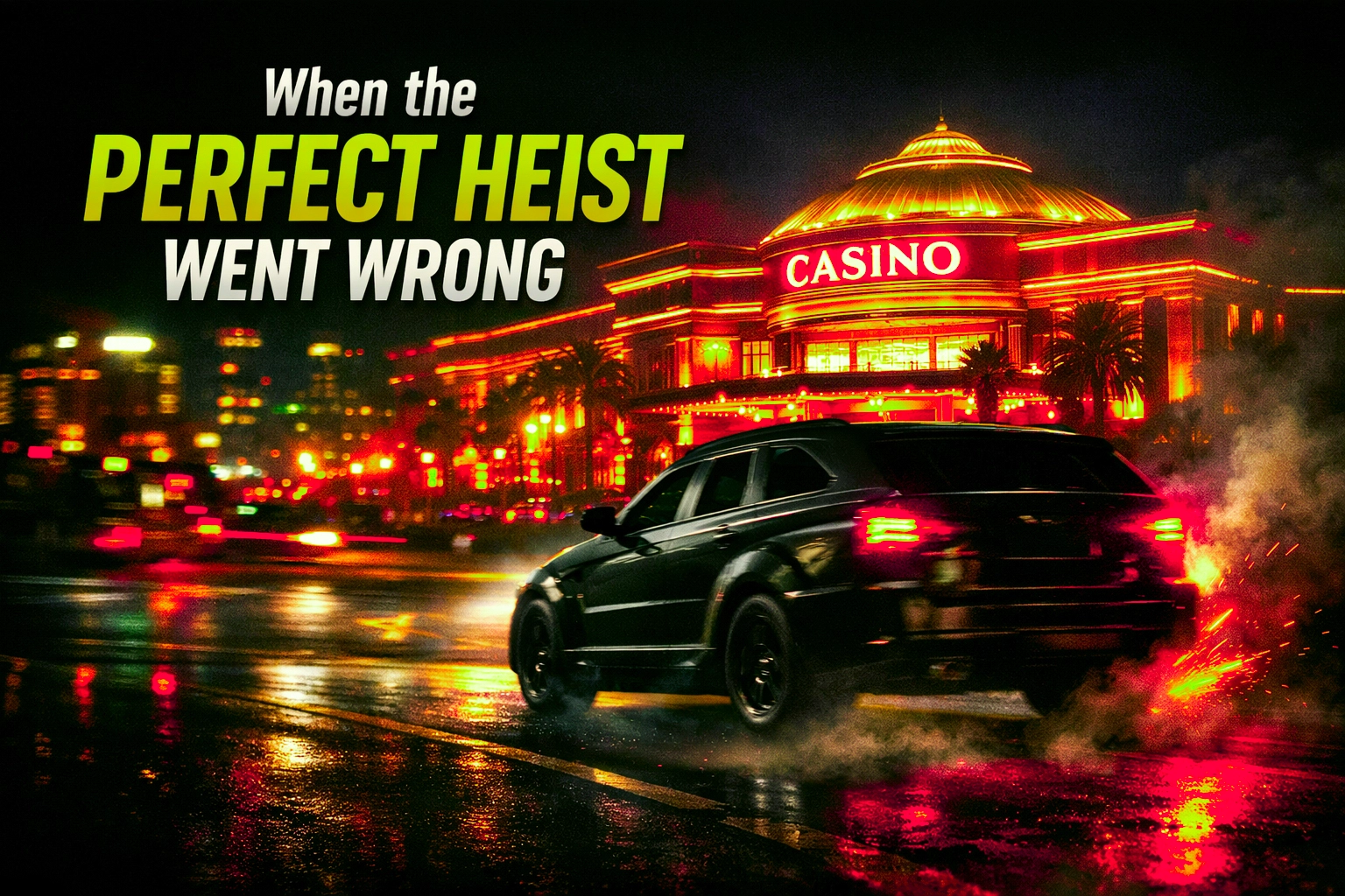 Ocean’s Eleven–style heist getaway ending in high-speed crash